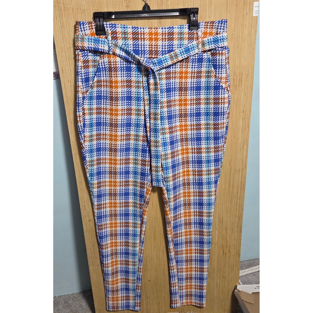 Bae City Blue Orange Plaid Houndstooth Tie Waist Trousers Pants Plus Size 2X